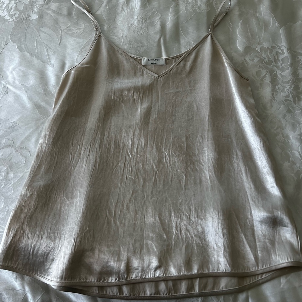 Aritzia Babaton Metallic Satin V-Neck Cami Champagne